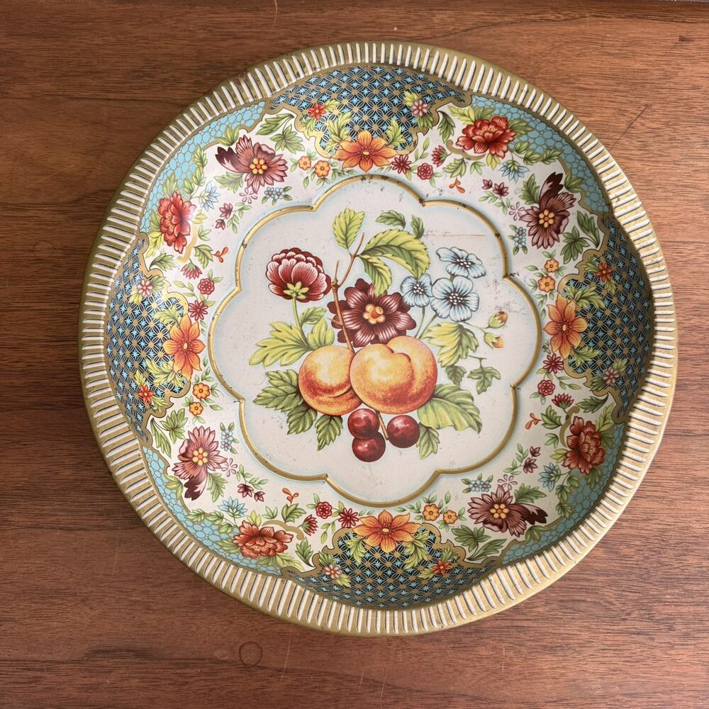 Daher 1971 Vintage 10in Round Tin Metal Bowl Floral Fruit Multicolor Metallic